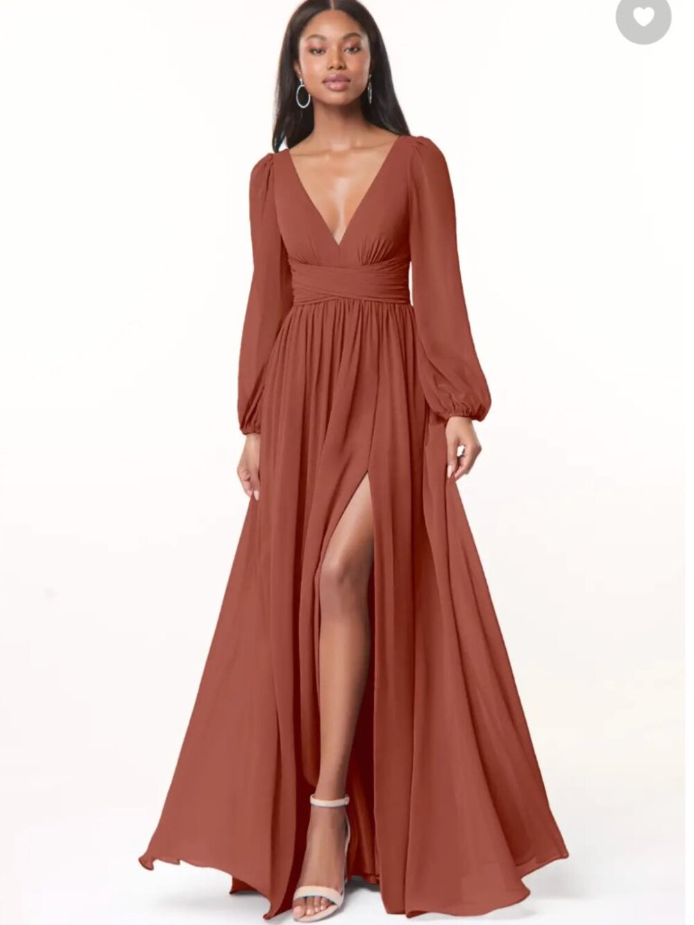 Azazie Norah Auburn A-Line V-Neck Long Sleeve Chiffon Dress Size 4